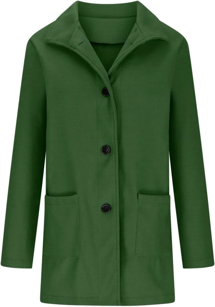 Women's Wool Blend Trench Jacket Button Pea Coat Open Front Woolen Coats Female Solid Trendy Outerwear with Pocket