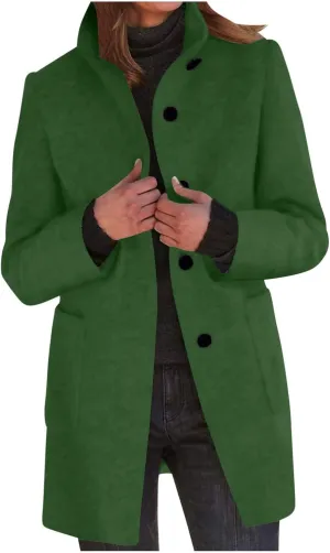 Women's Wool Blend Trench Jacket Button Pea Coat Open Front Woolen Coats Female Solid Trendy Outerwear with Pocket