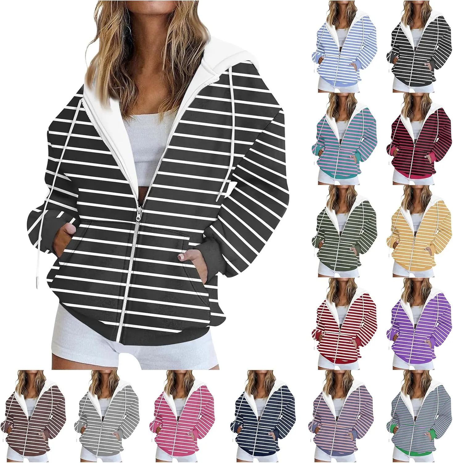 Womens Zip Up Hoodies Casual Color Block Jackets Stripe Drawstring Hooded Long Sleeve Sweatshirts