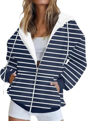 Womens Zip Up Hoodies Casual Color Block Jackets Stripe Drawstring Hooded Long Sleeve Sweatshirts