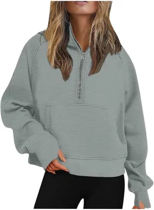 Womens Zip up Hoodies Oversized Sweatshirts Half Zip Cropped Pullover Fleece Preppy Clothes Fall Teen Girls Outfits