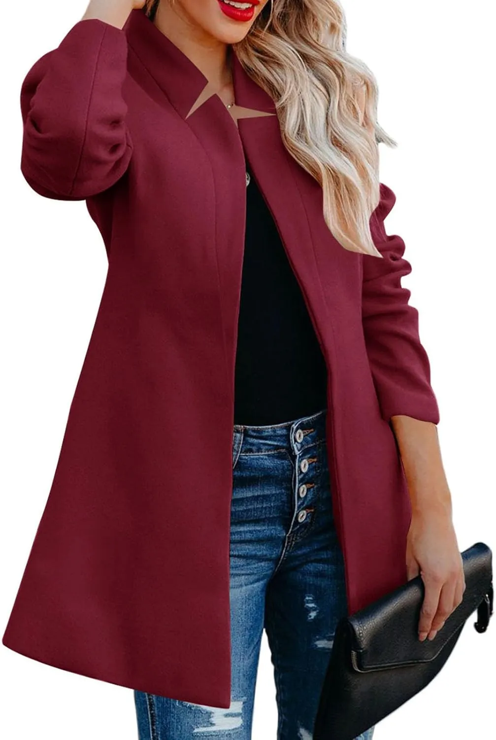 Wool Coats for Women Casual Notch Lapel Open Front Cardigan Outwear Mid Length Solid Color Pea Trench Coat 2023