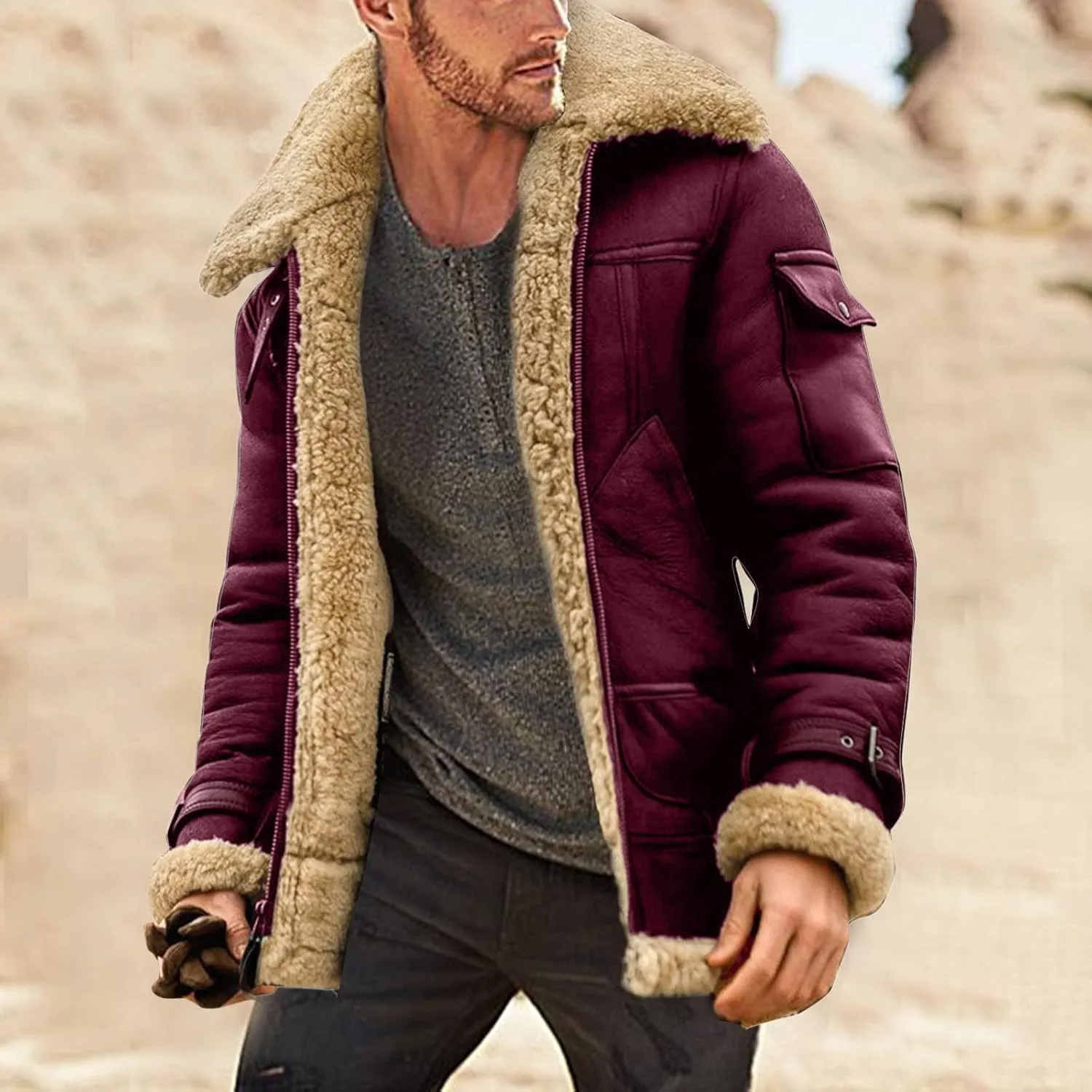 XIAXOGOOL Jackets For Men,Men's Shearling Coat Faux Suede Sherpa Lined Winter Thicken Warm Jacket With Pockets