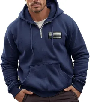 Ymosrh Men's Novelty Hoodies Quarter Zip Hooded Sweatshirt Long Sleeve USA Flag Sweatshirts Print Pullover Hoodie, M-4XL