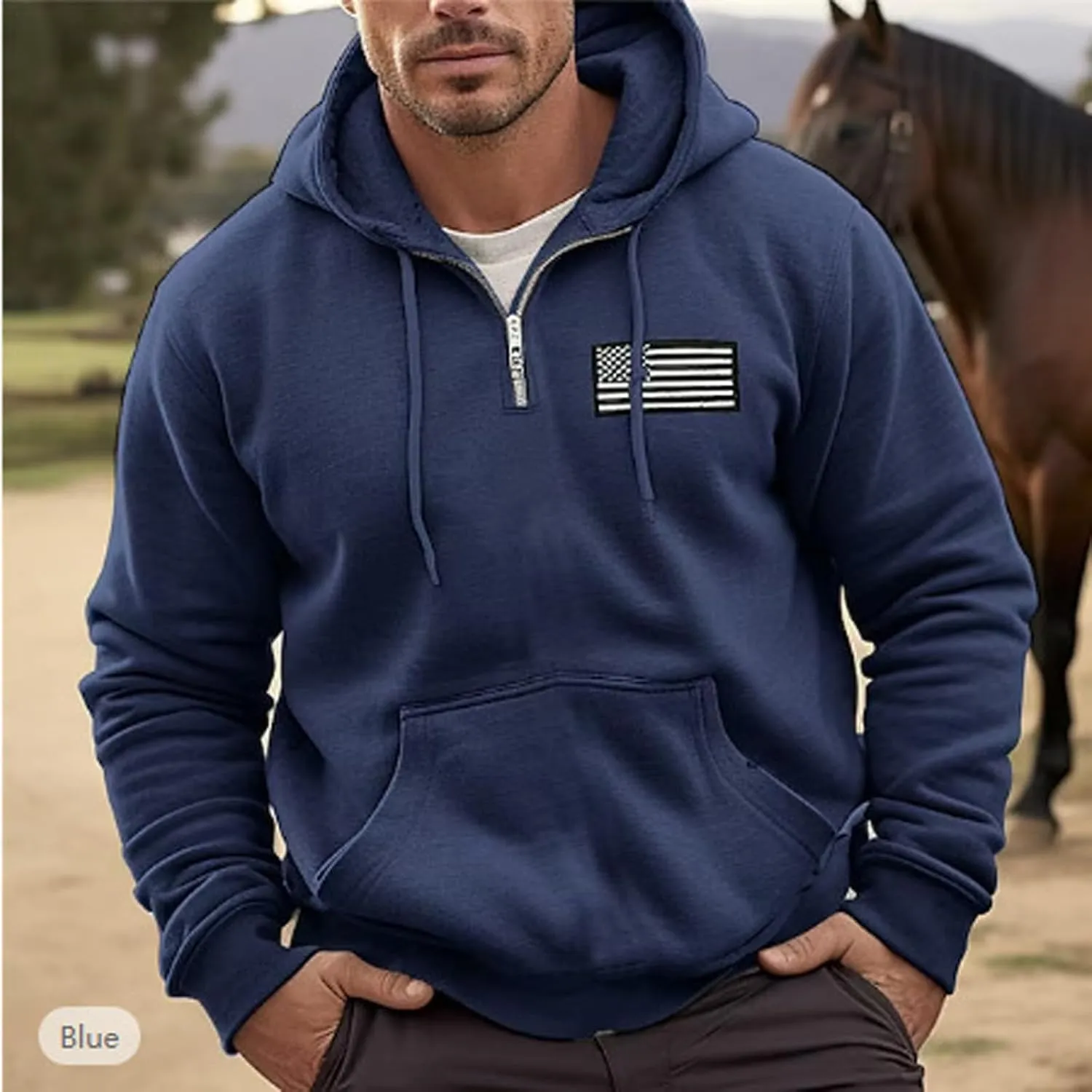 Ymosrh Men's Novelty Hoodies Quarter Zip Hooded Sweatshirt Long Sleeve USA Flag Sweatshirts Print Pullover Hoodie, M-4XL