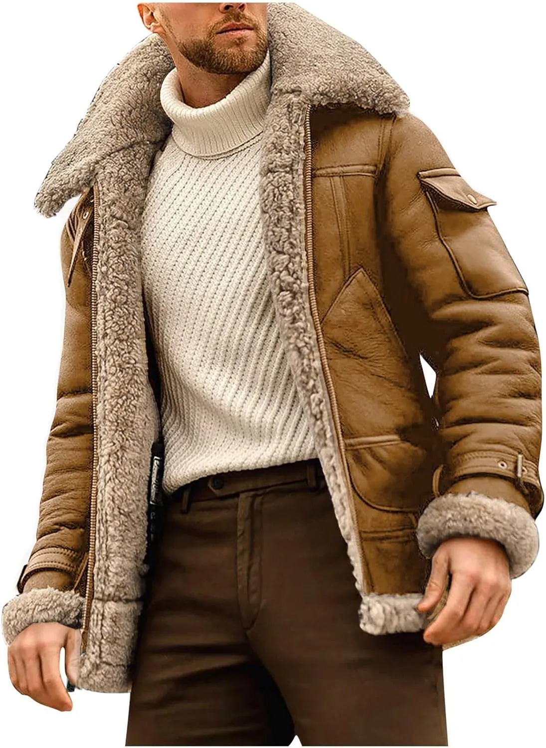 Ymosrh Men's Trench Coat Sherpa Lined Overcoat Lapel Long Jacket Coat Outwear, M-5XL