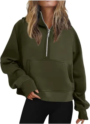 YRAETENM Half Zip Sweatshirt Women Oversized Cropped Fleece Jackets Long Sleeve Workout Hoodies Fall Clothes with Pockets