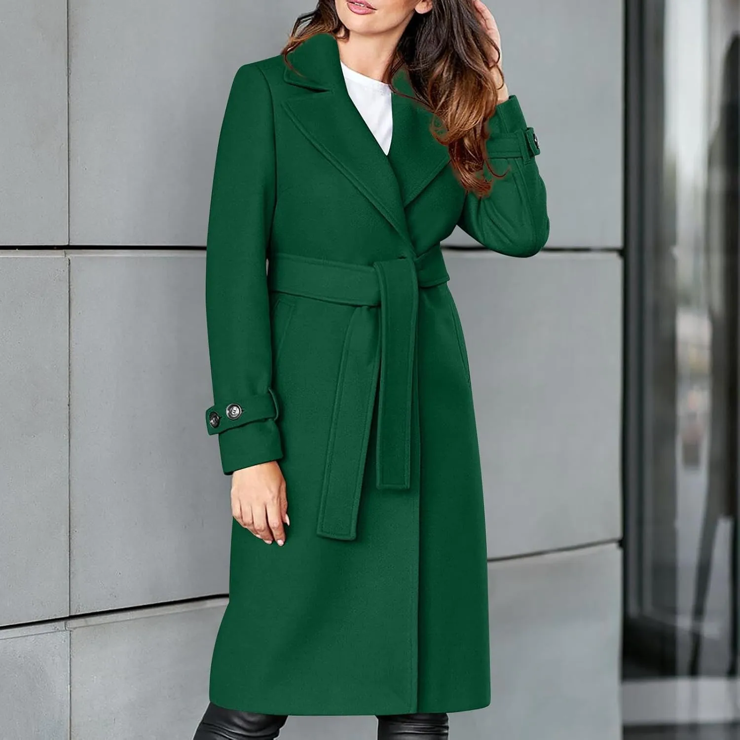 YRAETENM Long Wool Coats for Women Fall Winter Long Sleeve Notch Lapel Trench Coats Plus Size Casual Thick Belted Overcoat