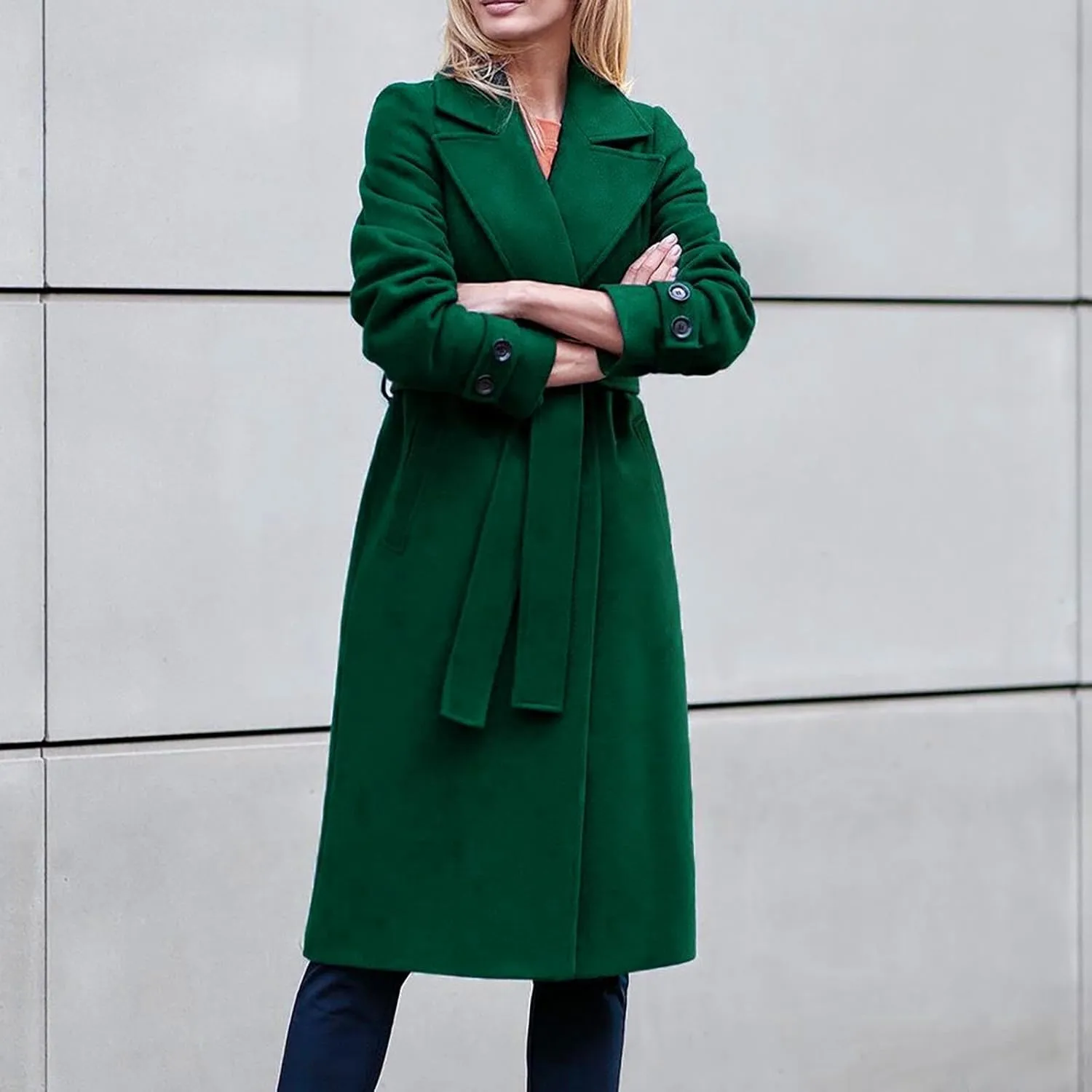 YRAETENM Long Wool Coats for Women Fall Winter Long Sleeve Notch Lapel Trench Coats Plus Size Casual Thick Belted Overcoat