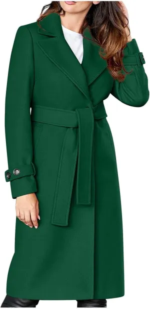 YRAETENM Long Wool Coats for Women Fall Winter Long Sleeve Notch Lapel Trench Coats Plus Size Casual Thick Belted Overcoat