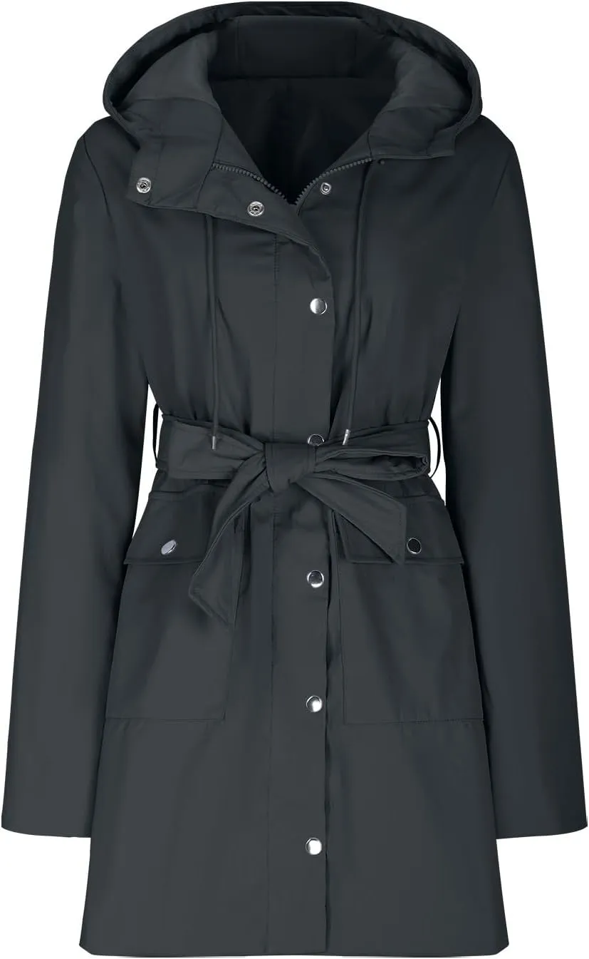 YRAETENM Rain Jacket Women Lightweight Lapel Waterproof Hooded Trench Coats Active Outdoor Belted Windbreaker with Pockets