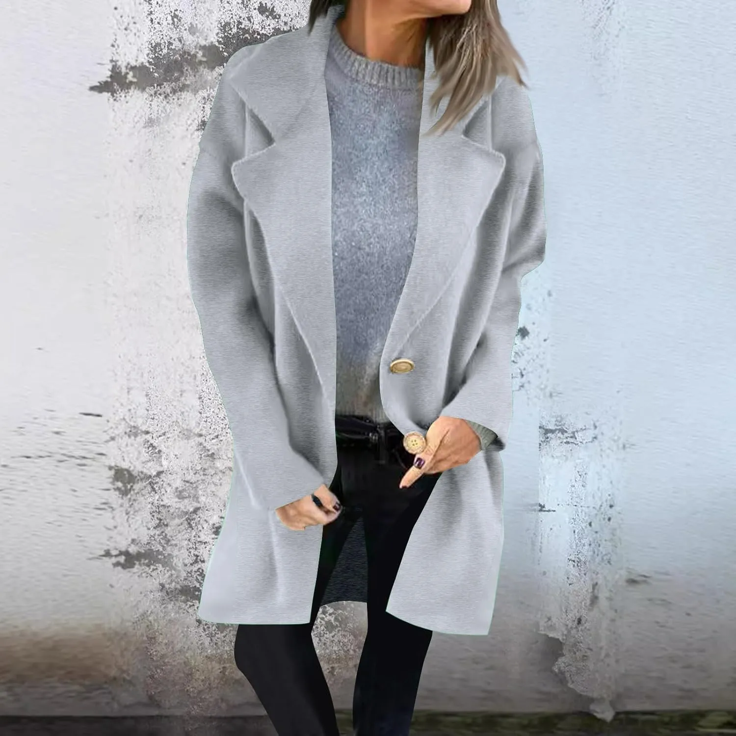 YRAETENM Womens Casual Jackets Single Breasted Notched Lapel Collar Wool Blend Overcoat Lightweight Solid Color Trench Coats