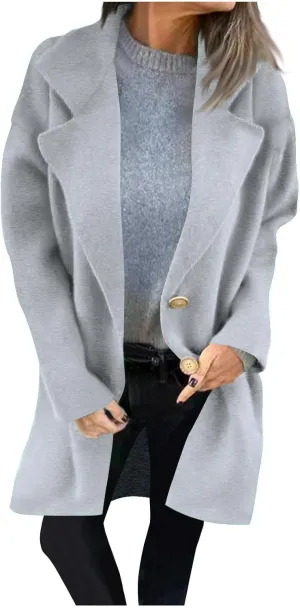 YRAETENM Womens Casual Jackets Single Breasted Notched Lapel Collar Wool Blend Overcoat Lightweight Solid Color Trench Coats