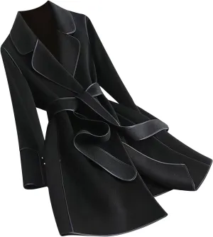 YRAETENM Womens Trench Coat Casual Notched Lapel Collar Mid Long Pea Coat Fall Winter Wool Blend Jackets Overcoat with Belt