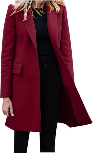 YRAETENM Women's Wool Blend Pea Coats Winter Casual Lapel Collar Open Front Cardigan Windproof Long Blazer Jackets Outwear