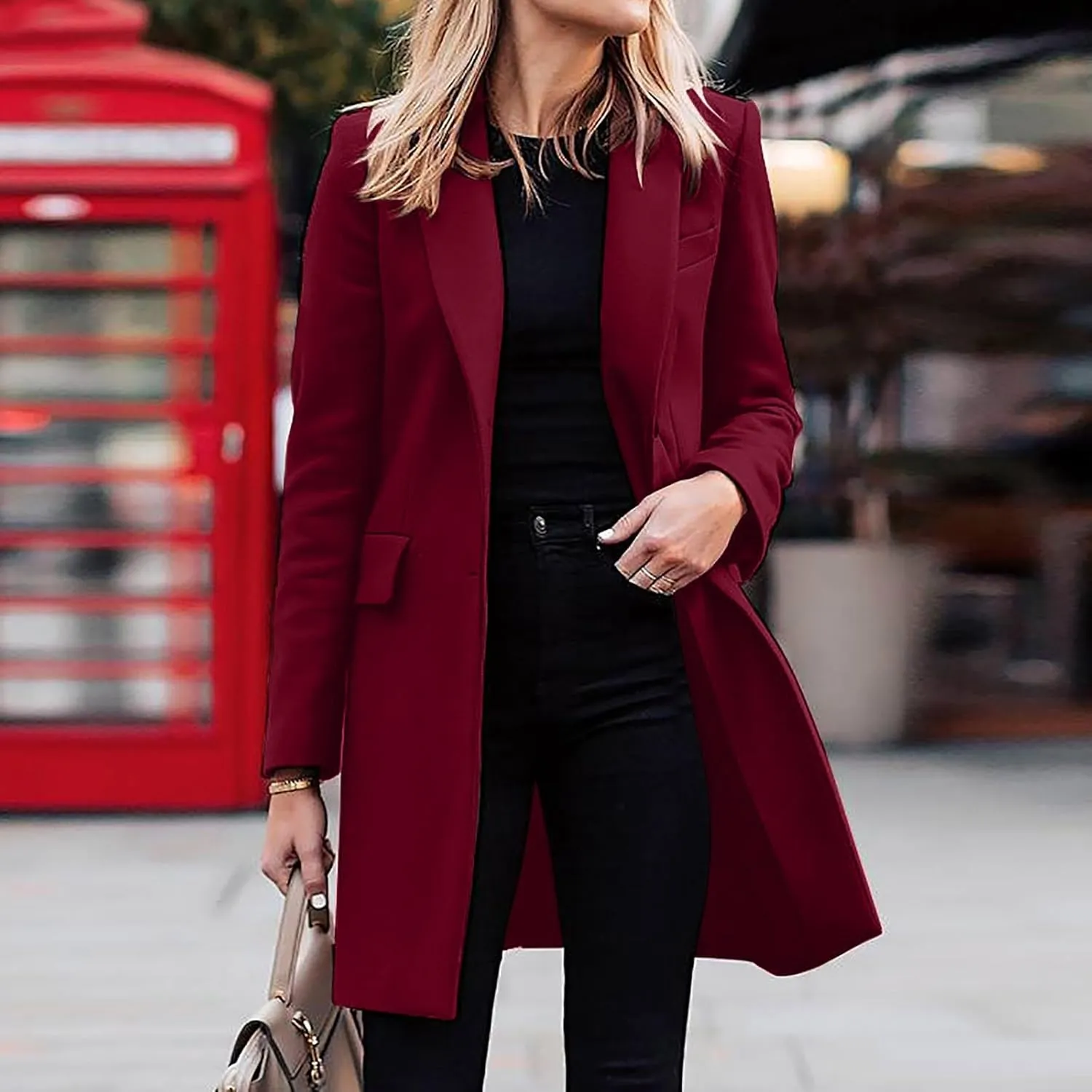 YRAETENM Women's Wool Blend Pea Coats Winter Casual Lapel Collar Open Front Cardigan Windproof Long Blazer Jackets Outwear