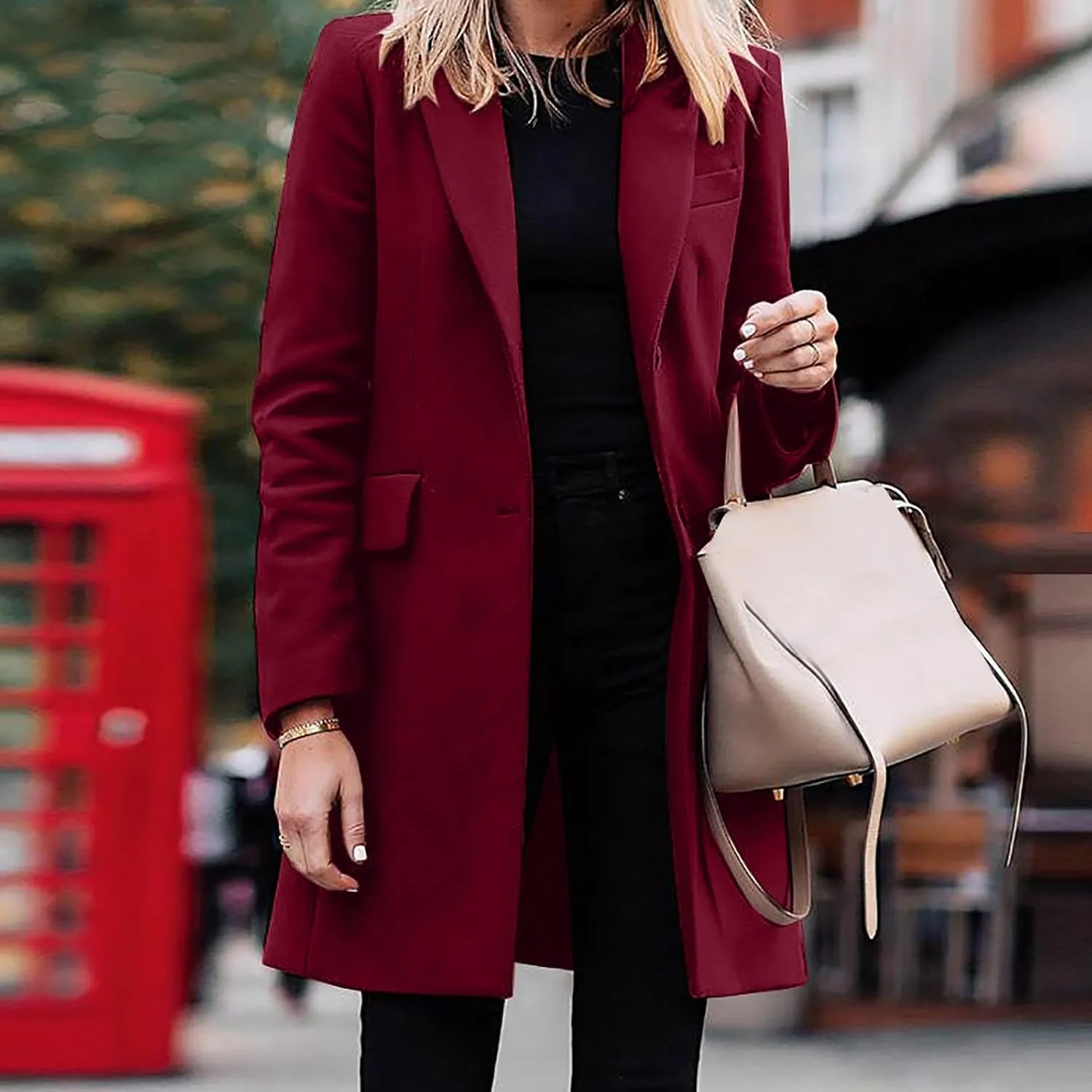 YRAETENM Women's Wool Blend Pea Coats Winter Casual Lapel Collar Open Front Cardigan Windproof Long Blazer Jackets Outwear