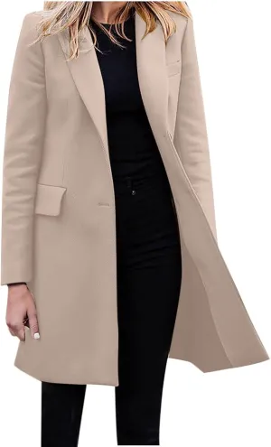 YRAETENM Women's Wool Blend Pea Coats Winter Casual Lapel Collar Open Front Cardigan Windproof Long Blazer Jackets Outwear