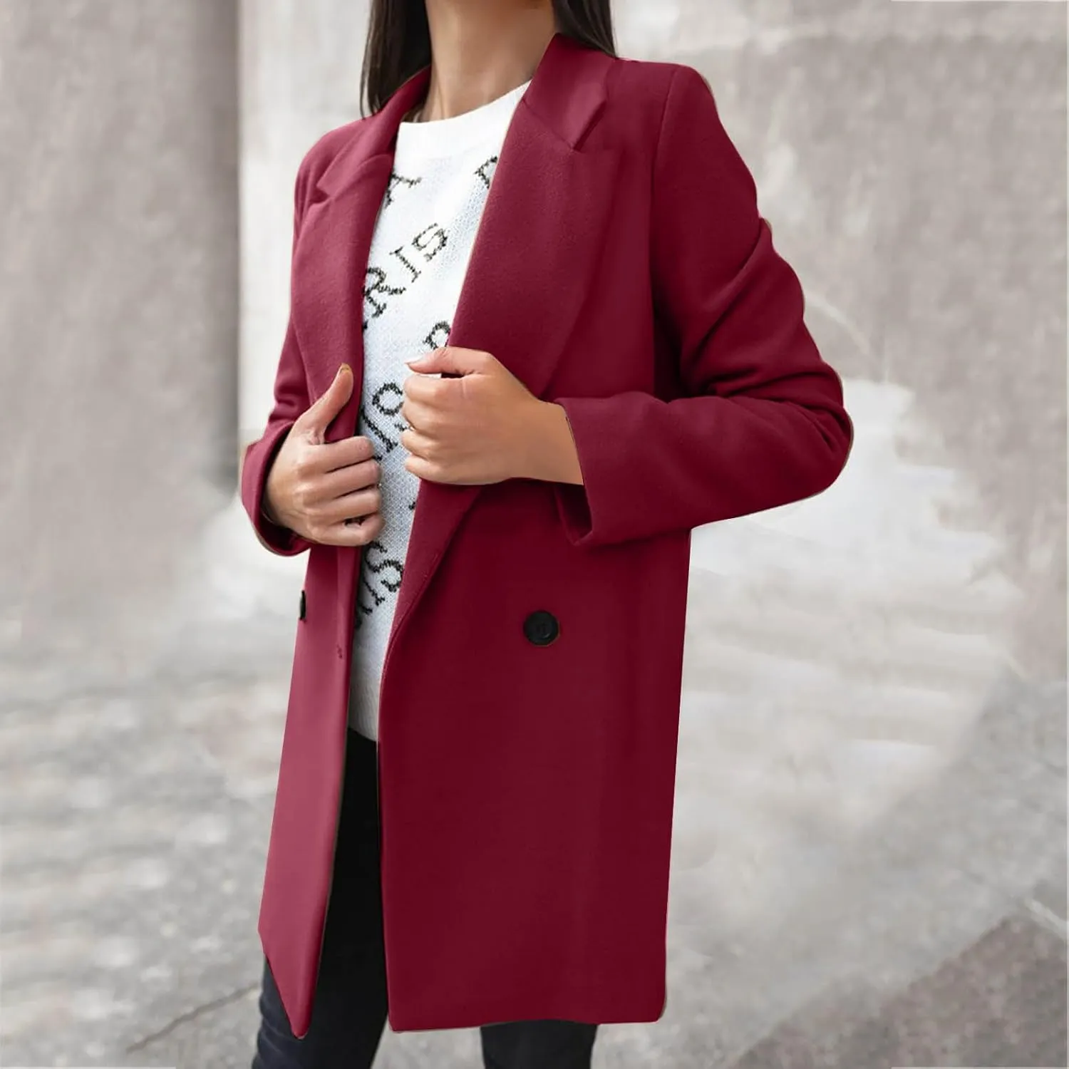 YRAETENM Wool Coats for Women Plus Size Business Notch Lapel Trench Coats Fall Winter Open Front Pea Coats Warm Outwear