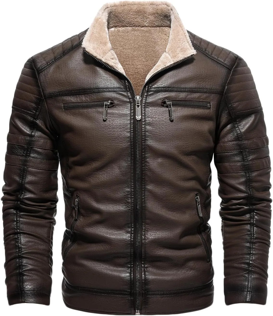 Zeiyignr Men's Winter Fleece Trucker Coats Sherpa Lined Faux Leather Jacket Slim Fit Leather Bomber Jackets Warm Coat Outwear