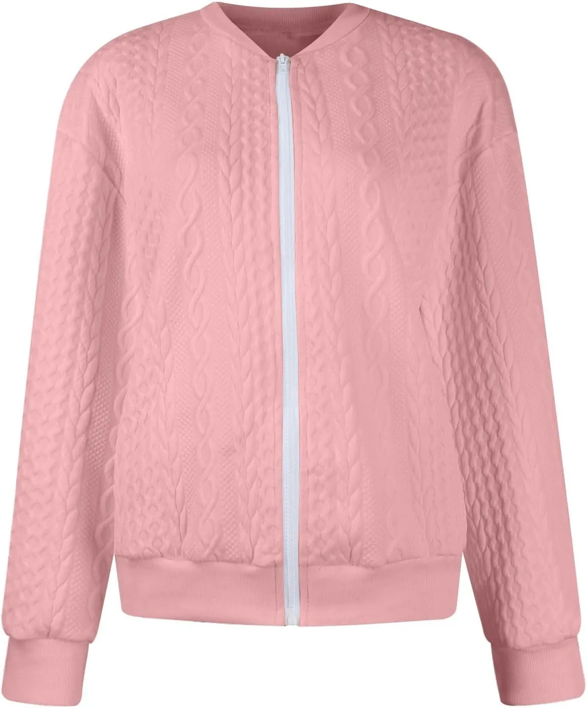 Zip Up Jackets for Women Lightweight Cable Knit Bomber Jacket Long Sleeve Jacquard Coatigan Casual Loose Outwear Coats