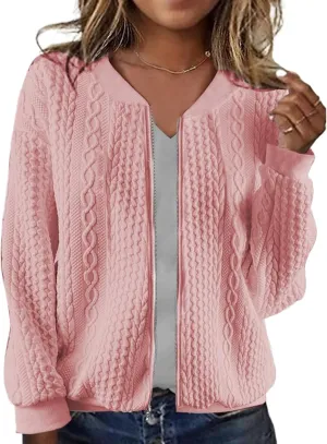 Zip Up Jackets for Women Lightweight Cable Knit Bomber Jacket Long Sleeve Jacquard Coatigan Casual Loose Outwear Coats