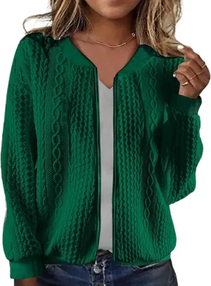Zip Up Jackets for Women Lightweight Cable Knit Bomber Jacket Long Sleeve Jacquard Coatigan Casual Loose Outwear Coats